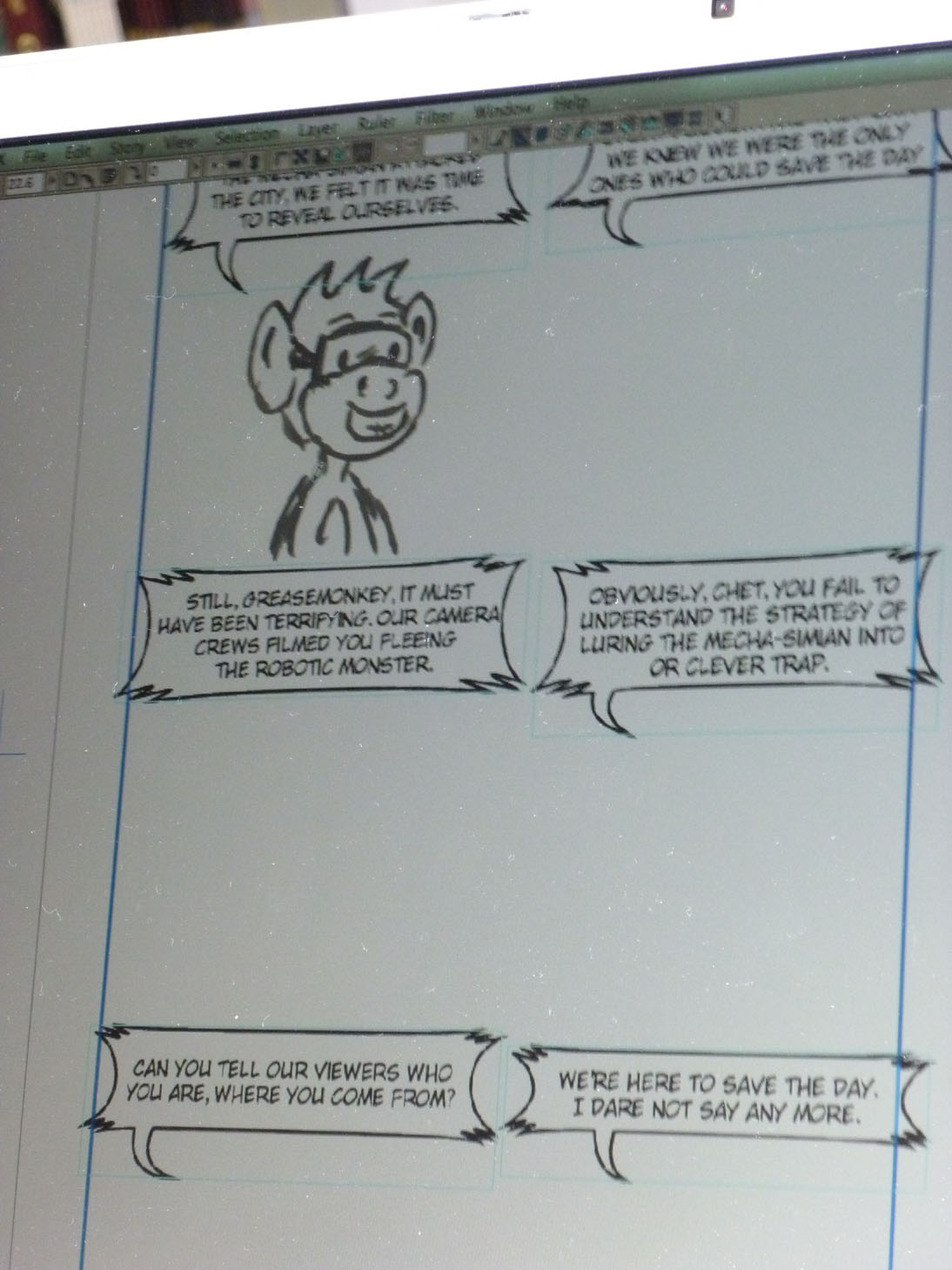 A panel of sketches for "Action Packed Gorillas", a new web comic being developed by Erik Kuntz. The dialogue balloons always come first. (Note: The character featured here is a chimp, not a gorilla.) 