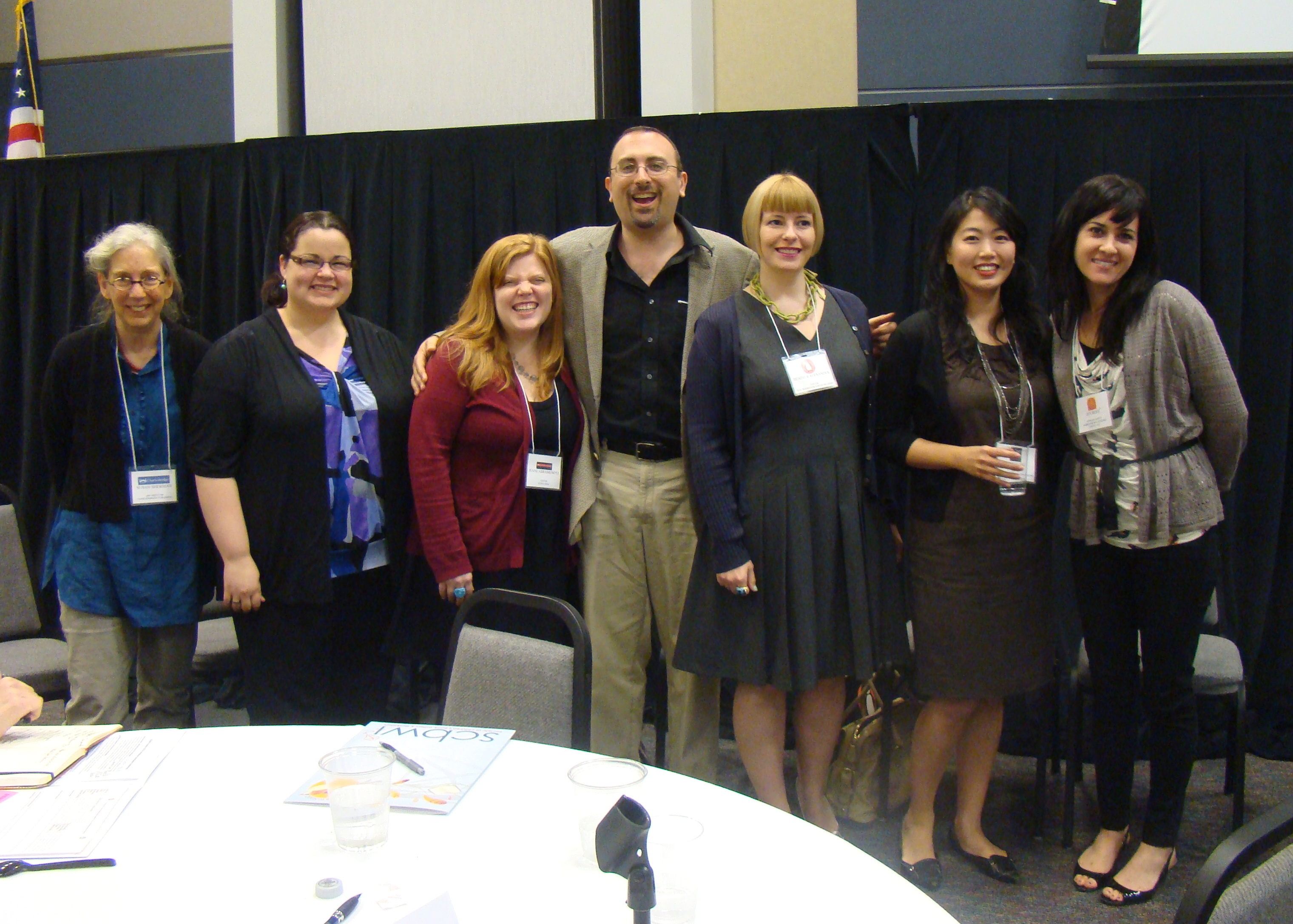 Faculty for the Houston SCBWI regional conference 2012 art director Susan Sherman, agent, Kathleen Ortiz, editor Jenne Abramowitz, author-illustrator Dan Yaccarino, editors Heather Alexander and Connie Hsu, and agent Jennifer Rofé. Photo by Marianne Dyson, Houston SCBWI